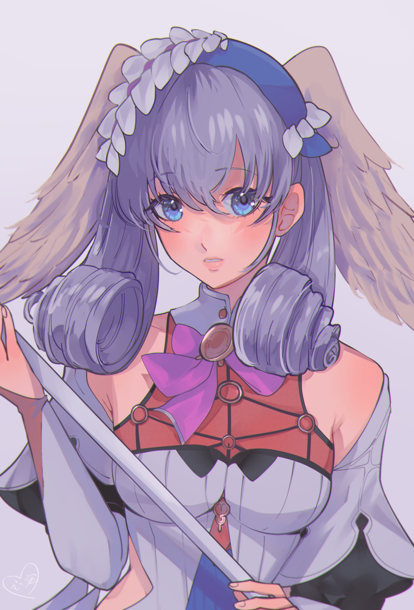 1girl absurdres blue_eyes blush braid breasts crown_braid curly_hair detached_sleeves dress feathered_wings grey_hair head_wings highres holding holding_staff kokomi_(aniesuakkaman) medium_breasts melia_antiqua puffy_sleeves purple_background see-through solo staff upper_body wings xenoblade_chronicles:_future_connected xenoblade_chronicles_(series) xenoblade_chronicles_1