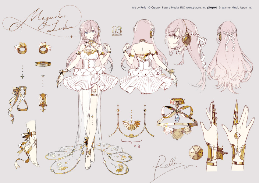 1girl :o armlet back backless_dress backless_outfit blue_eyes bracelet breasts character_name choker claw_ring cleavage copyright_name dress en_pointe fingernails from_behind from_side full_body gold_choker gramophone_luka grey_background hair_ribbon hand_up headphones jewelry leg_tattoo long_hair megurine_luka miku_symphony_(vocaloid) multiple_views number_tattoo pink_hair reference_sheet rella ribbon see-through signature simple_background tattoo thighlet toeless_footwear upper_body white_dress white_ribbon