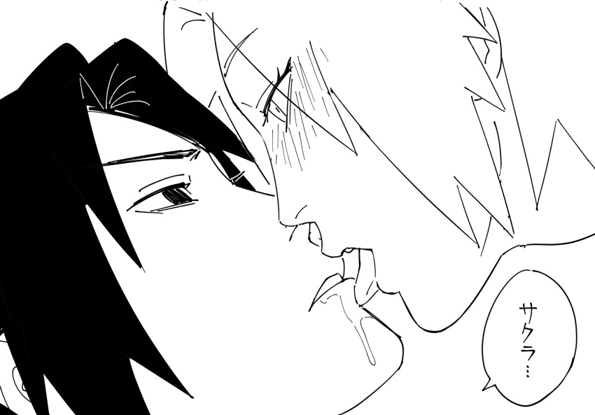 1boy 1girl black_hair blush copyright_request eyelashes furrowed_brow haruno_sakura head hetero highres licking licking_another's_face licking_another's_lips looking_at_another naruto_(series) nose nyan_2020 open_mouth saliva sexually_suggestive teeth tongue tongue_out uchiha_sasuke white_background