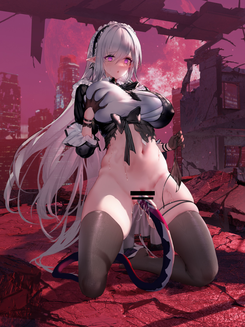 1girl bar_censor black_bow black_dress black_gloves black_hairband black_thighhighs bottomless bow breasts building censored city closed_mouth closers commentary_request covering_crotch covering_privates deep_skin dress frilled_hairband frills full_moon gloves grabbing_own_breast hair_between_eyes hairband half_gloves highres huge_breasts huge_moon imminent_penetration kneeling large_breasts levia_(closers) long_hair looking_at_viewer moon no_pupils no_shoes outdoors panties pointy_ears post-apocalypse purple_eyes pussy pussy_juice red_moon ruins shirt skindentation sleeves_past_elbows solo surprised swd3e2 tearing_up tentacles thigh_strap thighhighs torn_clothes torn_dress underwear unworn_panties vaginal very_long_hair white_hair white_shirt