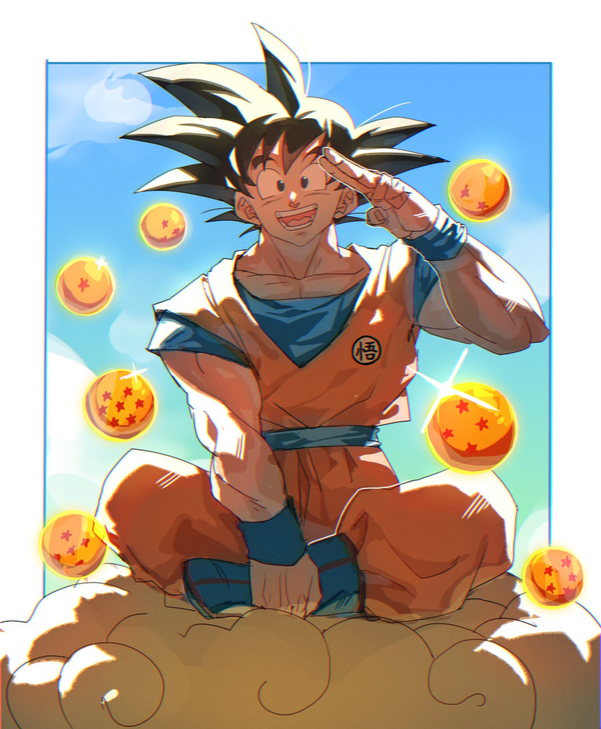 1boy black_hair blue_footwear blue_shirt boots dougi dragon_ball dragon_ball_(object) dragon_ball_z emblem flying_nimbus highres orange_pants orange_shirt orb pants salute shirt sitting solo son_goku spiked_hair star_(symbol) tkht_9315 two-finger_salute