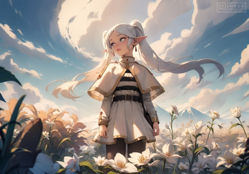 1girl ai-assisted blue_eyes blue_sky capelet cloud cloudy_sky cut_bangs day drop_earrings earrings elf fantasy field flower flower_field frieren grass horizon jewelry landscape long_hair mecs_warlock mountain mountainous_horizon nature outdoors parted_bangs pointy_ears scenery sky solo sousou_no_frieren standing sunlight twintails very_long_hair white_capelet wide_shot