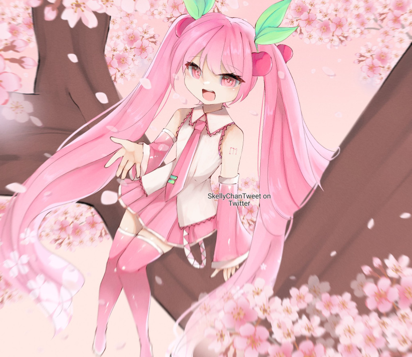 1girl artist_name boots cherry_blossoms cherry_hair_ornament food food-themed_hair_ornament fruit hair_ornament hatsune_miku highres in_tree long_hair looking_at_viewer miku_day necktie number_tattoo open_mouth pink_eyes pink_hair pink_necktie pink_skirt pink_thighhighs sakura_miku self-upload shirt shoulder_tattoo sitting sitting_in_tree skellychan skirt sleeveless sleeveless_shirt smile tattoo thigh_boots thighhighs tree twitter_username very_long_hair vocaloid