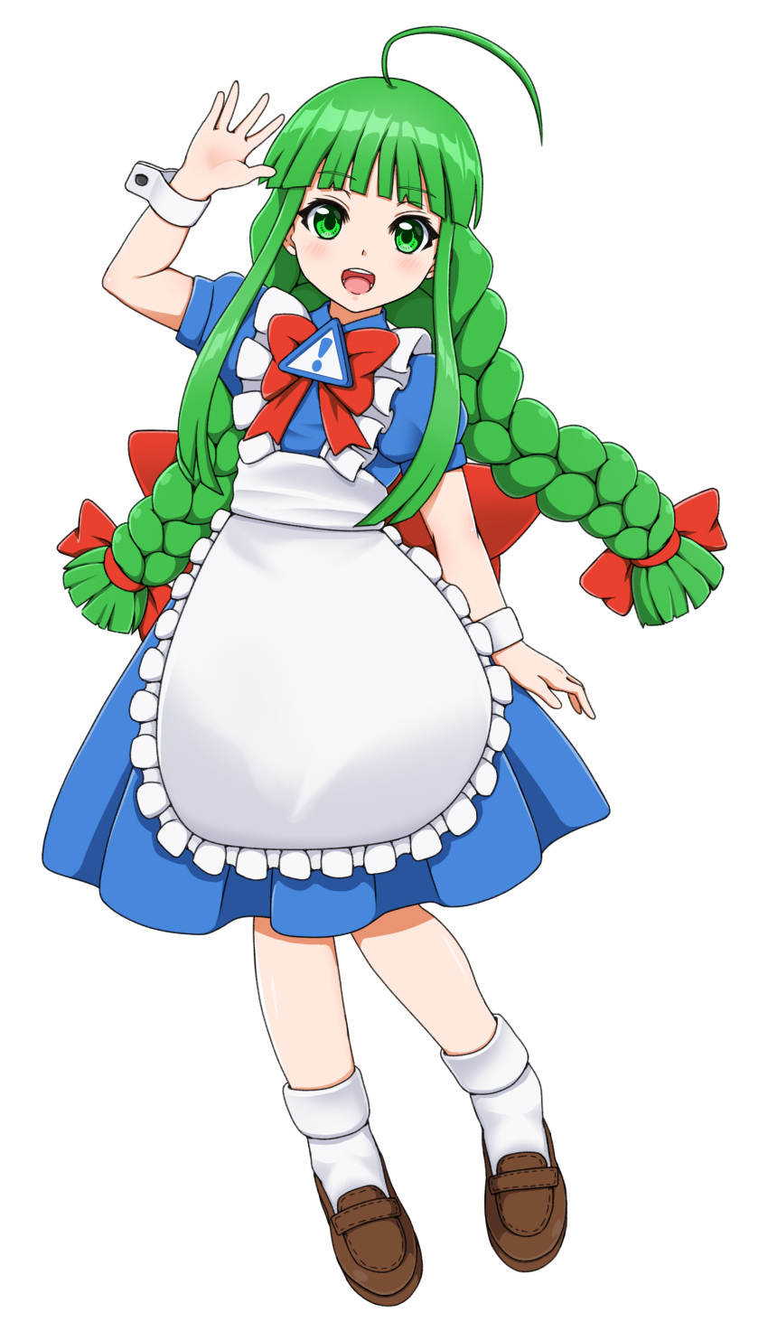 1girl absurdres ahoge apron blue_dress blunt_bangs blush bow bowtie braid brown_footwear commentary_request dress flat_chest frilled_apron frills full_body green_eyes green_hair highres loafers long_hair looking_at_viewer maid maid_apron me-tan medium_bangs open_mouth os-tan red_bow red_bowtie round_teeth shoes sidelocks sign simple_background smile socks takano_kazumi teeth twin_braids upper_teeth_only warning_sign waving white_apron white_background white_socks wrist_cuffs