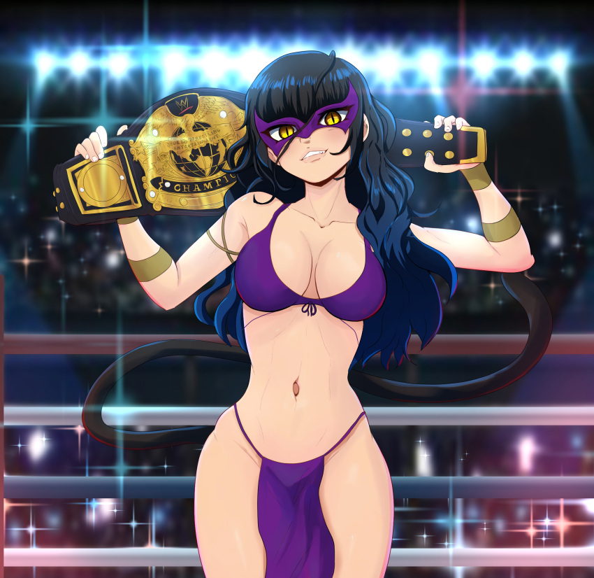 1girl arm_strap bikini black_hair breasts championship_belt collarbone commentary commission cowboy_shot domino_mask english_commentary fang highres large_breasts long_hair mask navel original parted_lips pelvic_curtain purple_bikini slit_pupils smile solo sparkle_background swimsuit wrestling_ring yadiel yellow_eyes