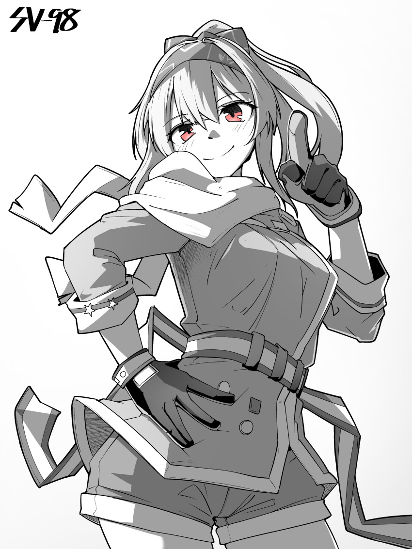 1girl absurdres blush bow character_name girls'_frontline gloves hair_between_eyes hair_bow hairband hand_on_own_hip hand_up highres long_hair looking_at_viewer minami_shin_(zenshuu_bougyo) monochrome pointing red_eyes shorts simple_background smile solo spot_color straight-on sv-98_(girls'_frontline)