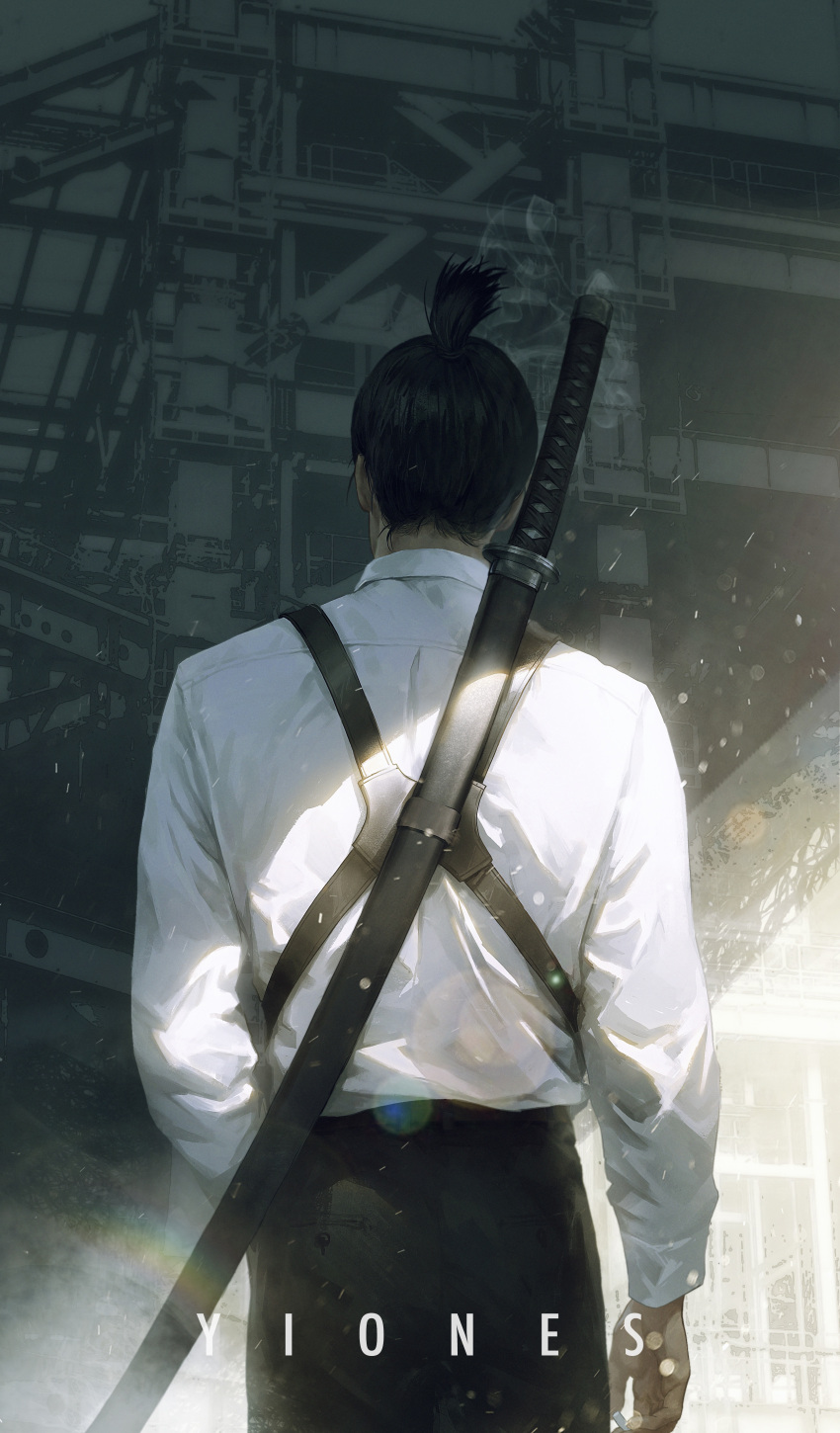 1boy absurdres artist_name back black_hair black_pants chainsaw_man cigarette collared_shirt hayakawa_aki high_ponytail highres holding holding_cigarette male_focus pants shirt short_hair solo weapon weapon_on_back white_shirt yiones