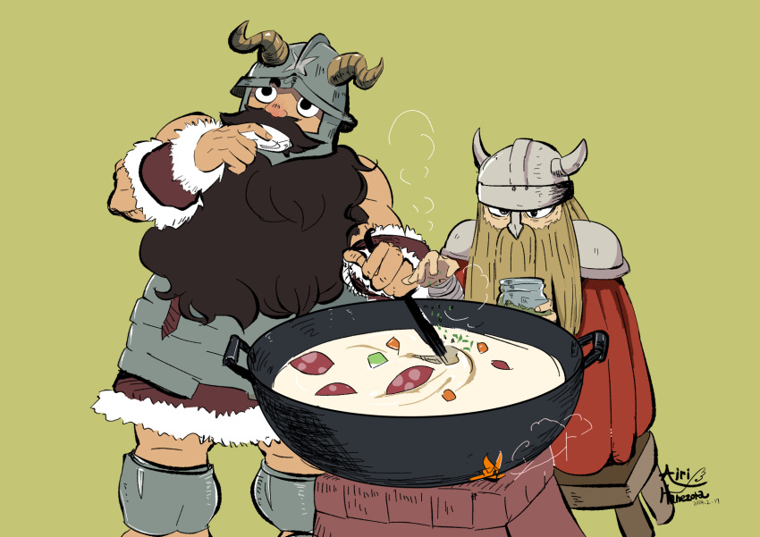 2boys airihanezora beard beard_over_mouth brown_hair cooking crossover dark-skinned_male dark_skin dungeon_meshi dwarf eisen_(sousou_no_frieren) facial_hair fake_horns feet_out_of_frame helmet highres horned_helmet horns long_beard male_focus multiple_boys mushroom senshi_(dungeon_meshi) sousou_no_frieren standing steam stew tasting thick_mustache very_long_beard wok