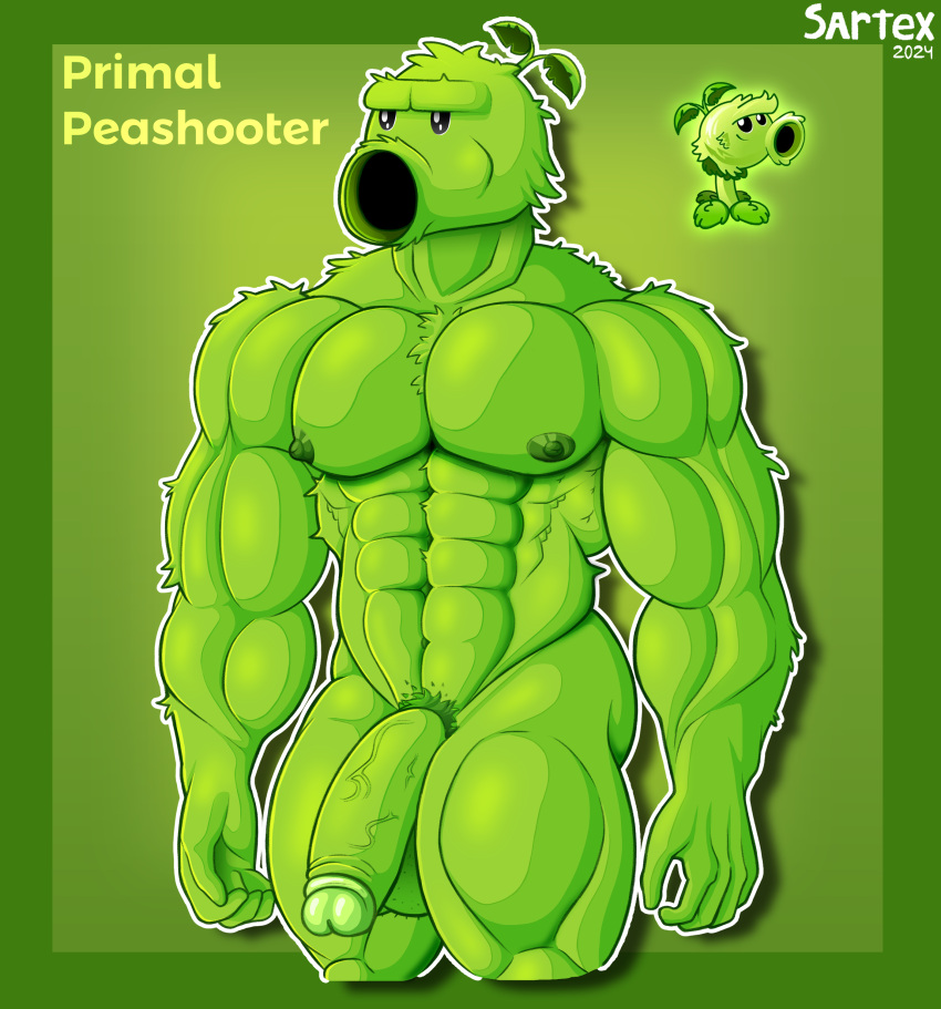 2024 abs absurd_res anthro balls big_penis body_hair dot_eyes electronic_arts elemental_creature elemental_humanoid flora_fauna fur genitals glans green green_body green_fur hi_res humanoid male muscular muscular_anthro muscular_humanoid muscular_male navel nipples pecs penis plant plant_humanoid plants_vs._zombies popcap_games primal_peashooter pubes reference_image sartex signature simple_background solo vein veiny_penis