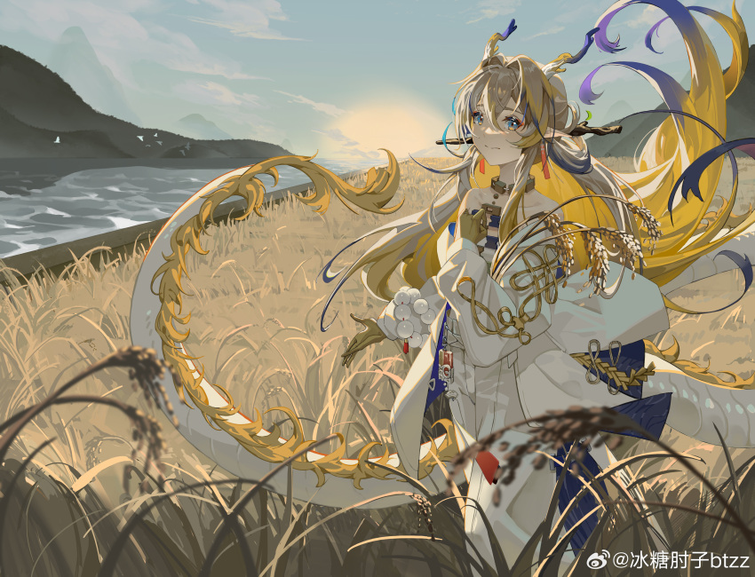 1girl absurdres arknights artist_name backlighting bare_shoulders beads bingtang_zouzi_btzz blonde_hair blue_eyes closed_mouth collarbone colored_skin dragon_girl dragon_horns dragon_tail earrings feet_out_of_frame floating_hair grey_hair hair_between_eyes hair_intakes hand_on_own_chest hand_up highres horns jacket jewelry light_smile long_hair long_sleeves looking_at_viewer necklace off_shoulder open_clothes open_jacket outdoors pants plant pointy_ears purple_hair purple_horns river rural shu_(arknights) solo split_mouth standing tail very_long_hair watermark weibo_logo white_horns white_jacket white_pants white_tail yellow_horns yellow_tail