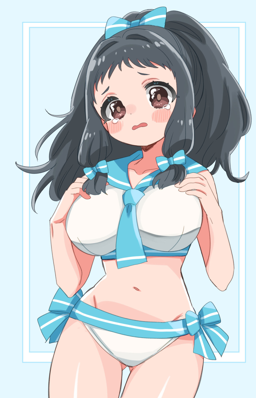 1girl bare_shoulders bikini black_hair blue_background blue_neckerchief blue_ribbon blue_sailor_collar blush bow bow_bikini breasts brown_eyes collarbone cowboy_shot dot_nose hair_bow hair_ribbon hands_on_own_breasts hands_up highres idolmaster idolmaster_cinderella_girls idolmaster_cinderella_girls_starlight_stage large_breasts long_hair looking_at_viewer navel neckerchief ohnuma_kurumi open_mouth ribbon sailor_bikini sailor_collar sailor_swimsuit_(idolmaster) side-tie_bikini_bottom simple_background solo standing sukoyaka_(100hituzi) swimsuit tears twintails wavy_mouth white_bikini