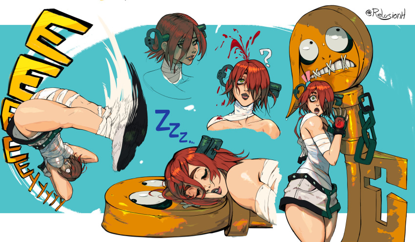 1girl a.b.a absurdres bandages blood chain character_sheet fingerless_gloves gloves green_eyes guilty_gear guilty_gear_xx highres key key_in_head paracelsus portrait red_hair relusionh short_hair sleeping stitched_mouth stitches surprised