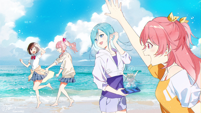 1other 4girls :d ;o absurdres akiyama_mizuki androgynous arm_up bare_arms bare_legs barefoot beach blue_eyes blue_hair blue_skirt blue_sky bob_cut bow bowtie brown_eyes brown_hair cellphone closed_eyes cloud day fang film_grain full_body hair_bow hand_up hatsune_miku highres holding holding_phone hologram hood hoodie long_hair looking_at_viewer looking_to_the_side momoi_airi multiple_girls omutatsu one_eye_closed open_mouth outdoors phone pink_bow pink_eyes plaid plaid_skirt plantar_flexion ponytail profile project_sekai purple_shirt purple_shorts red_bow red_bowtie shinonome_ena shirt shore short_hair short_sleeves shorts sidelocks single_bare_shoulder skirt sky sleeves_rolled_up smartphone smile splashing standing standing_on_one_leg upper_body white_hoodie white_shirt yellow_bow yoisaki_kanade