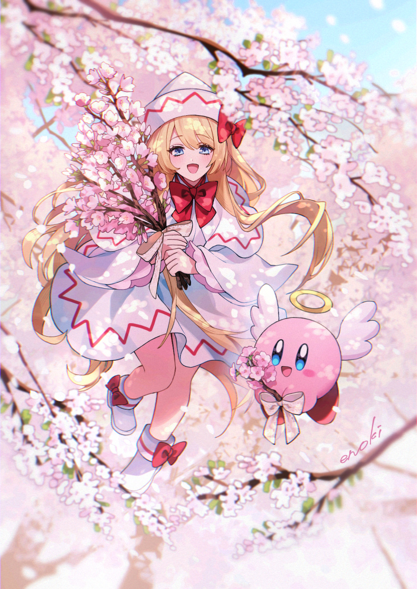 1girl :d angel_wings blonde_hair blue_eyes bow bowtie capelet cherry_blossoms crossover day dress enoki_3106 footwear_bow halo happy hat hat_bow highres kirby kirby_(series) lily_white long_hair long_sleeves looking_at_viewer open_mouth outdoors red_bow red_bowtie smile touhou tree very_long_hair white_capelet white_dress white_footwear white_headwear white_wings wide_sleeves wings