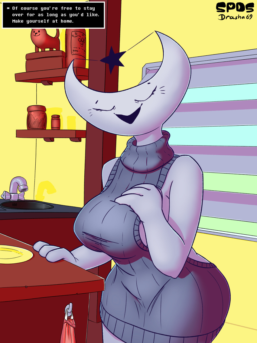 absurd_res annoying_dog_(undertale) anthro breasts clothed clothing crestina_(undertale_yellow) dialogue drasha69 eyelashes female hi_res inside kitchen mature_female meme meme_clothing monster moon open_mouth smile solo sweater text thick_thighs topwear undertale_(series) undertale_yellow virgin_killer_sweater