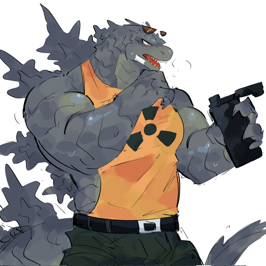 anthro barazoku biceps black_body black_scales bodily_fluids bottle clothing container godzilla godzilla_(2014) godzilla_(series) hi_res kaiju majinruii male muscular muscular_anthro muscular_male orange_clothing orange_eyes orange_shirt orange_tank_top orange_topwear pecs radiation_symbol scales shirt solo standing sweat symbol tank_top toho topwear water_bottle