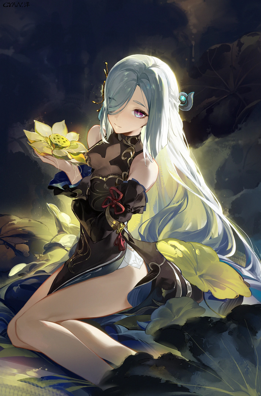 1girl artist_name bare_shoulders black_dress black_sleeves breasts cleavage closed_mouth commentary_request cyan_yang detached_sleeves dress feet_out_of_frame flower genshin_impact grey_hair hair_over_one_eye hand_up highres holding holding_flower long_hair looking_at_viewer official_alternate_costume on_ground pink_eyes see-through see-through_cleavage shenhe_(frostflower_dew)_(genshin_impact) shenhe_(genshin_impact) sitting sleeveless sleeveless_dress smile solo very_long_hair yokozuwari