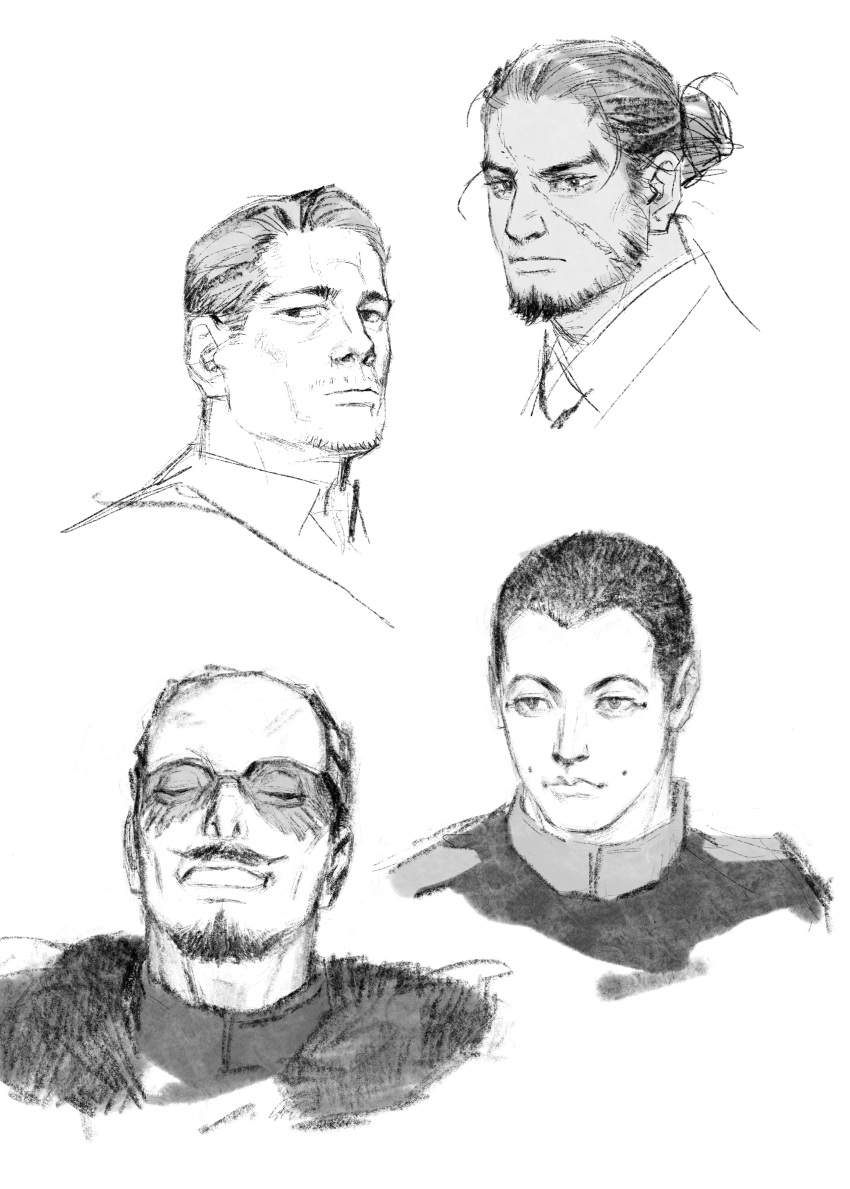 4boys absurdres beard chengongzi123 closed_eyes closed_mouth collared_shirt facial_hair fur_trim goatee goatee_stubble golden_kamuy greyscale grin hair_bun highres looking_at_viewer male_focus military_uniform monochrome multiple_boys mustache_stubble portrait rikimatsu_ariko scar scar_on_cheek scar_on_face scar_on_forehead shirt short_hair simple_background smile stubble tsurumi_tokushirou uniform usami_tokishige ushiyama_tatsuma very_short_hair white_background