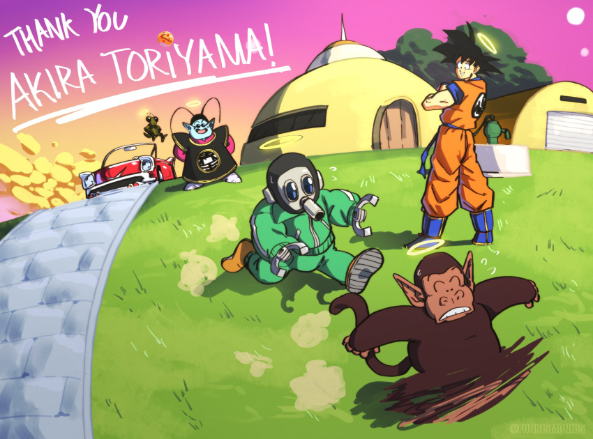 5boys blue_footwear blue_shirt bubbles_(dragon_ball) car crossed_arms dragon_ball dragon_ball_z funnismonkis grass green_jacket green_pants green_track_suit gregory_(dragon_ball) halo highres house jacket looking_back monkey motor_vehicle multiple_boys north_kaiou orange_pants orange_shirt pants running shirt short_sleeves sleeveless son_goku thank_you toriyama_akira_(character)