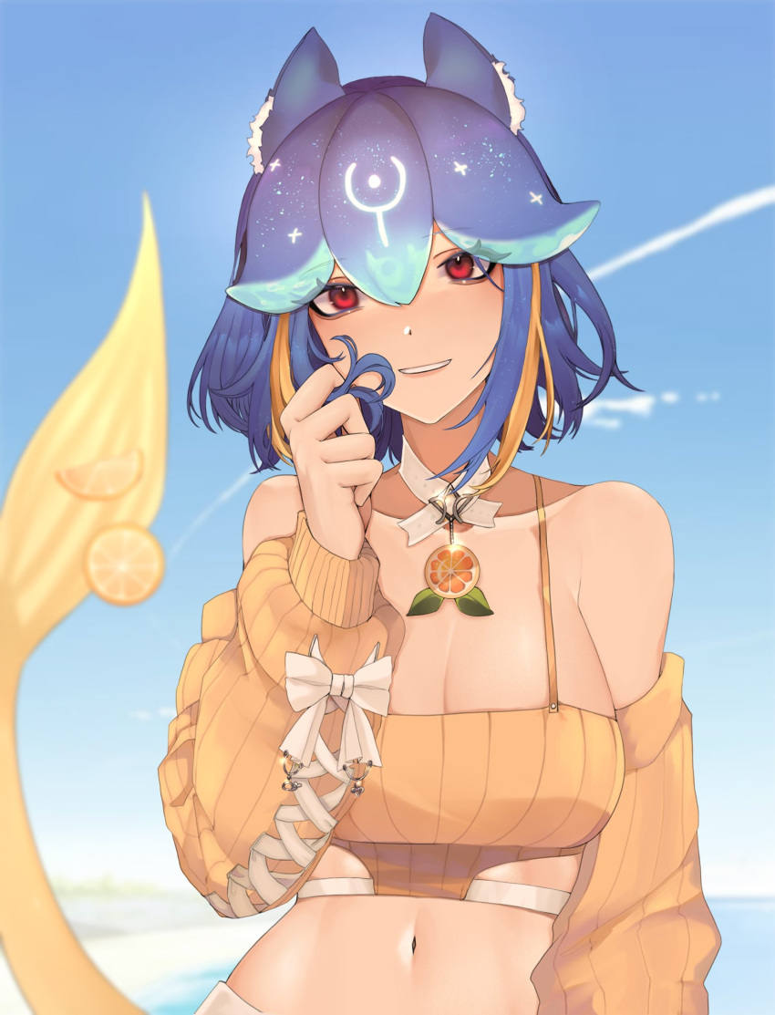 1girl animal_ear_fluff animal_ears bao_(vtuber) bao_(vtuber)_(5th_costume) blue_hair blush cetacean_tail choker cloud commentary crop_top detached_sleeves fins fish_tail food fruit hair_between_eyes highres indie_virtual_youtuber lemon lemon_slice looking_at_viewer midriff multicolored_hair navel octoboo parted_lips red_eyes short_hair sky smile solo streaked_hair symbol-only_commentary tail upper_body virtual_youtuber white_choker
