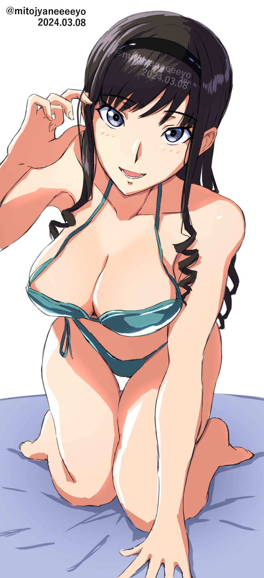 1girl absurdres all_fours amagami bikini black_hairband blue_bikini breasts cleavage collarbone curly_hair dated hairband highres large_breasts long_hair looking_at_viewer mitojyaneeeeyo morishima_haruka open_mouth paw_pose solo swimsuit thigh_gap twitter_username