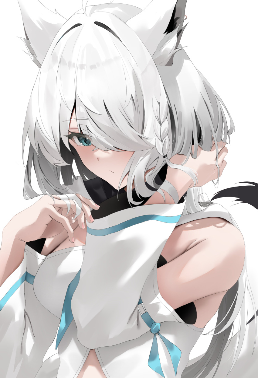 1girl absurdres ahoge animal_ear_fluff animal_ears bare_shoulders blue_eyes blue_neckerchief blue_ribbon braid breasts closed_mouth commentary_request detached_sleeves earrings expressionless fox_ears fox_girl fox_tail hair_intakes hair_over_one_eye hand_in_own_hair highres hololive hood hoodie jewelry kaede_nekoshima large_breasts long_hair long_sleeves looking_down midriff neckerchief ribbon shirakami_fubuki shirakami_fubuki_(1st_costume) side_braid sidelocks simple_background single_earring solo tail upper_body virtual_youtuber white_background white_hair white_hoodie white_sleeves wide_sleeves