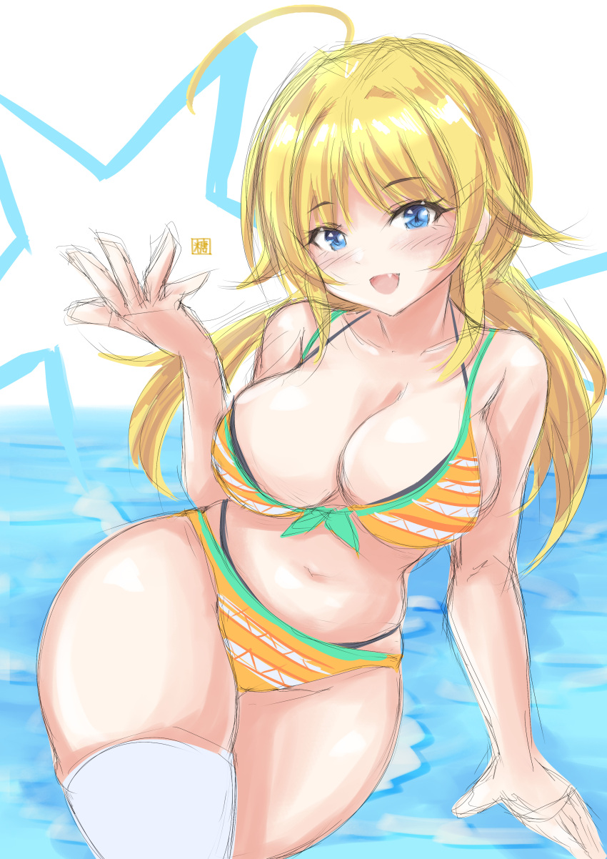 1girl :d absurdres ahoge bikini blonde_hair blue_eyes blush breasts cleavage collarbone commentary_request curvy fang groin hachimiya_meguru highres idolmaster large_breasts layered_bikini long_hair looking_at_viewer nipples orange_bikini sidelocks single_thighhigh smile solo swimsuit thighhighs thighs tong_shui unfinished wide_hips