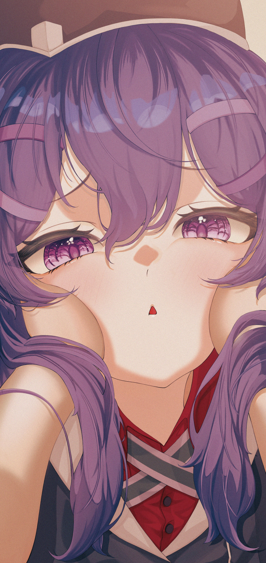 1girl absurdres black_jacket blue_archive blush chestnut_mouth close-up double-parted_bangs hair_between_eyes hair_ornament hairclip hands_on_another's_cheeks hands_on_another's_face haruka_(blue_archive) highres jacket looking_at_viewer neck_ribbon pov pov_hands purple_eyes purple_hair red_shirt ribbon shirt sidelocks striped_ribbon wonni_(user_fafu7345)