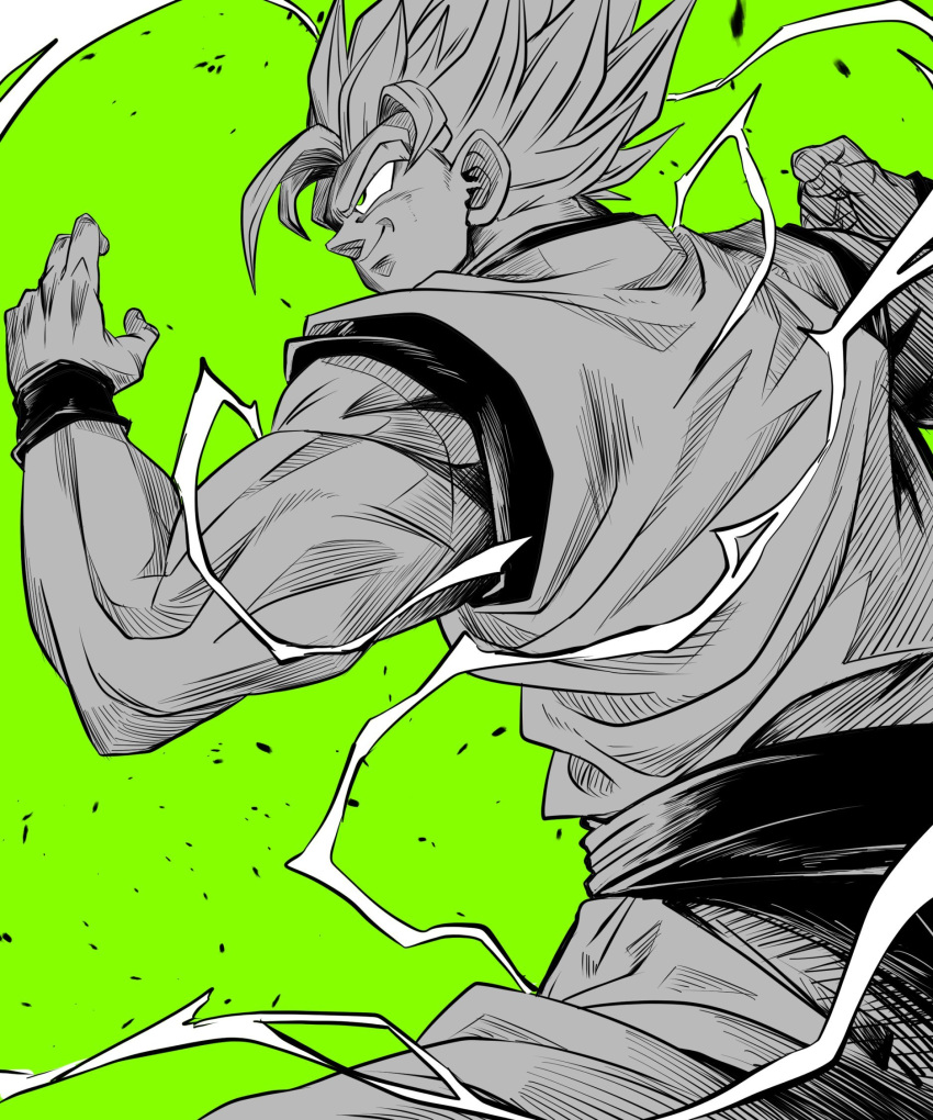 1boy dougi dragon_ball dragon_ball_z electricity facial_mark fighting_stance forehead_mark green_background green_eyes greyscale_with_colored_background highres muscular muscular_male sekitsuki_hayato smirk solo son_goku spiked_hair spot_color super_saiyan super_saiyan_2