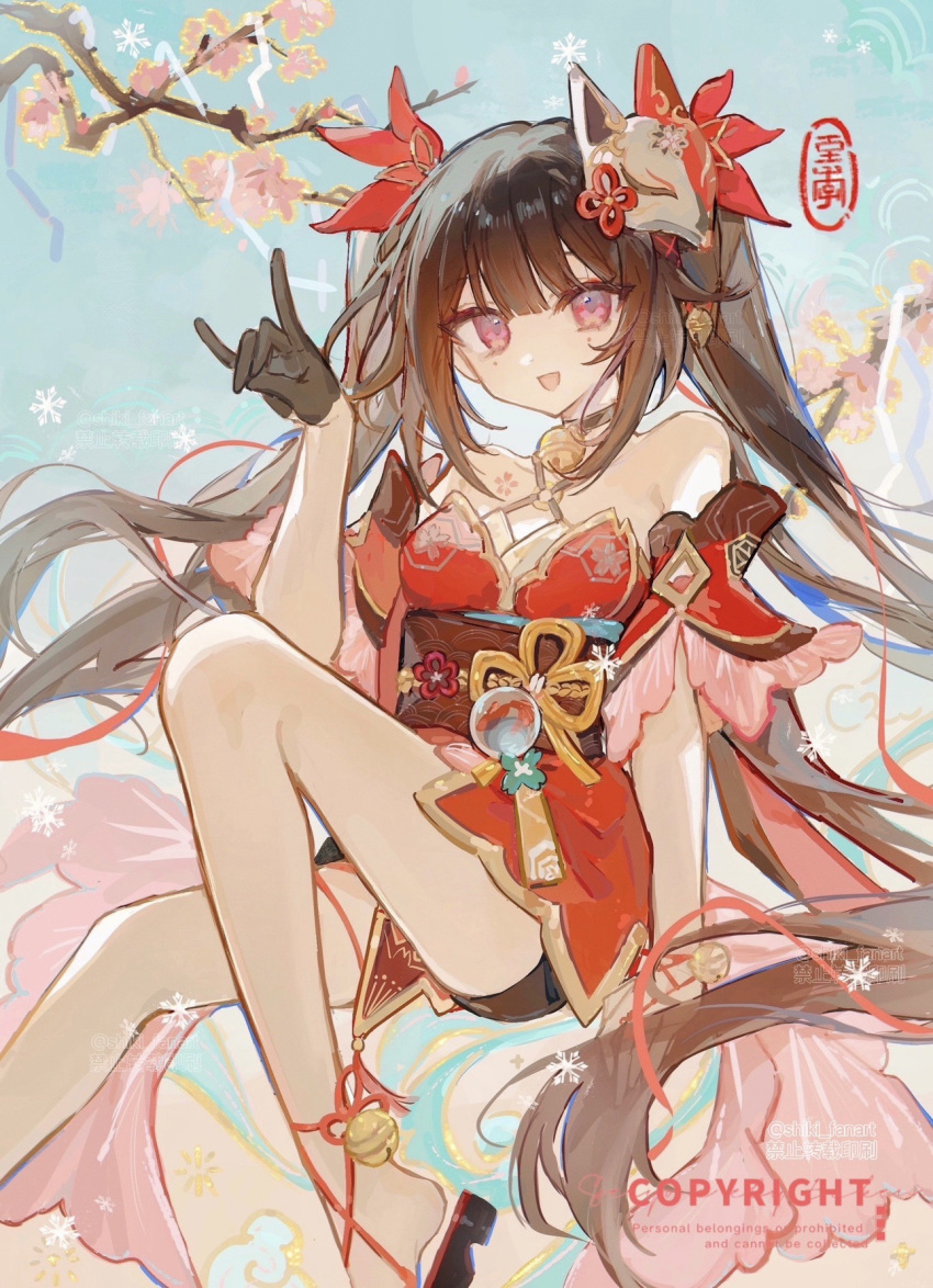 1girl :d arm_at_side bare_legs bare_shoulders bell black_choker bow branch breasts brown_hair choker criss-cross_halter dress floating floating_hair foot_out_of_frame fox_mask fox_shadow_puppet hair_bow halterneck highres honkai:_star_rail honkai_(series) knee_up long_hair looking_at_viewer mask mask_on_head medium_breasts neck_bell o-ring open_mouth pelvic_curtain pink_eyes red_bow red_dress shiki_fanart sleeveless sleeveless_dress smile solo sparkle_(honkai:_star_rail) twintails