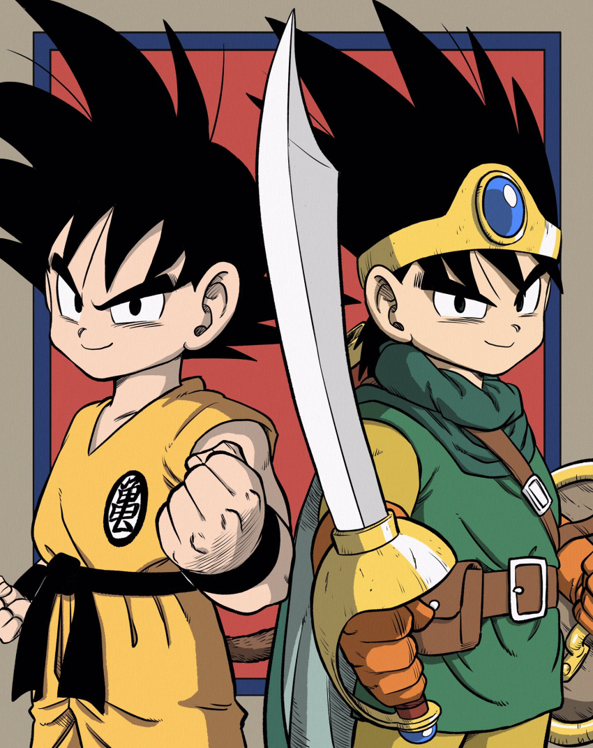 2boys black_eyes black_hair brown_gloves creator_connection crossover dougi dragon_ball dragon_ball_(classic) dragon_quest dragon_quest_iii flat_color gloves green_shirt hero_(dq3) highres holding holding_shield holding_sword holding_weapon lee_(dragon_garou) medium_hair multiple_boys orange_pants orange_shirt pants red_background roto_(dq3) scabbard sheath shield shirt simple_background smirk son_goku spiked_hair sword tail toriyama_akira_(style) weapon