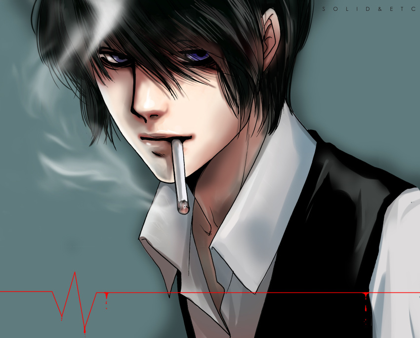 1boy absurdres artist_name black_hair black_vest blue_eyes cardiogram cigarette hellsing hellsing:_the_dawn highres male_focus smoking solo toshimichi_yukari vest walter_c._dornez