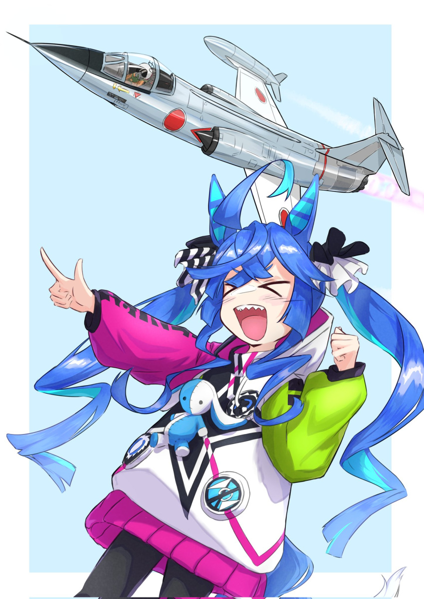 &gt;_&lt; 1girl 1other :d ahoge aircraft airplane animal_ears aqua_hair black_leggings blue_hair border bow clenched_hand closed_eyes commentary corrupted_twitter_file cowboy_shot crossed_bangs drawstring f-104_(flight_highschool) fighter_jet hair_bow hands_up highres hood hoodie horse_ears horse_girl horse_tail japan_air_self-defense_force japan_self-defense_force jet leggings light_blue_background long_hair long_sleeves military military_vehicle multicolored_clothes multicolored_hair multicolored_hoodie open_mouth outside_border outstretched_arm pilot pointing ram_(p_searam) sharp_teeth sidelocks simple_background smile striped_bow stuffed_animal stuffed_rabbit stuffed_toy tail teeth twin_turbo_(umamusume) twintails two-tone_hair umamusume upper_teeth_only white_border