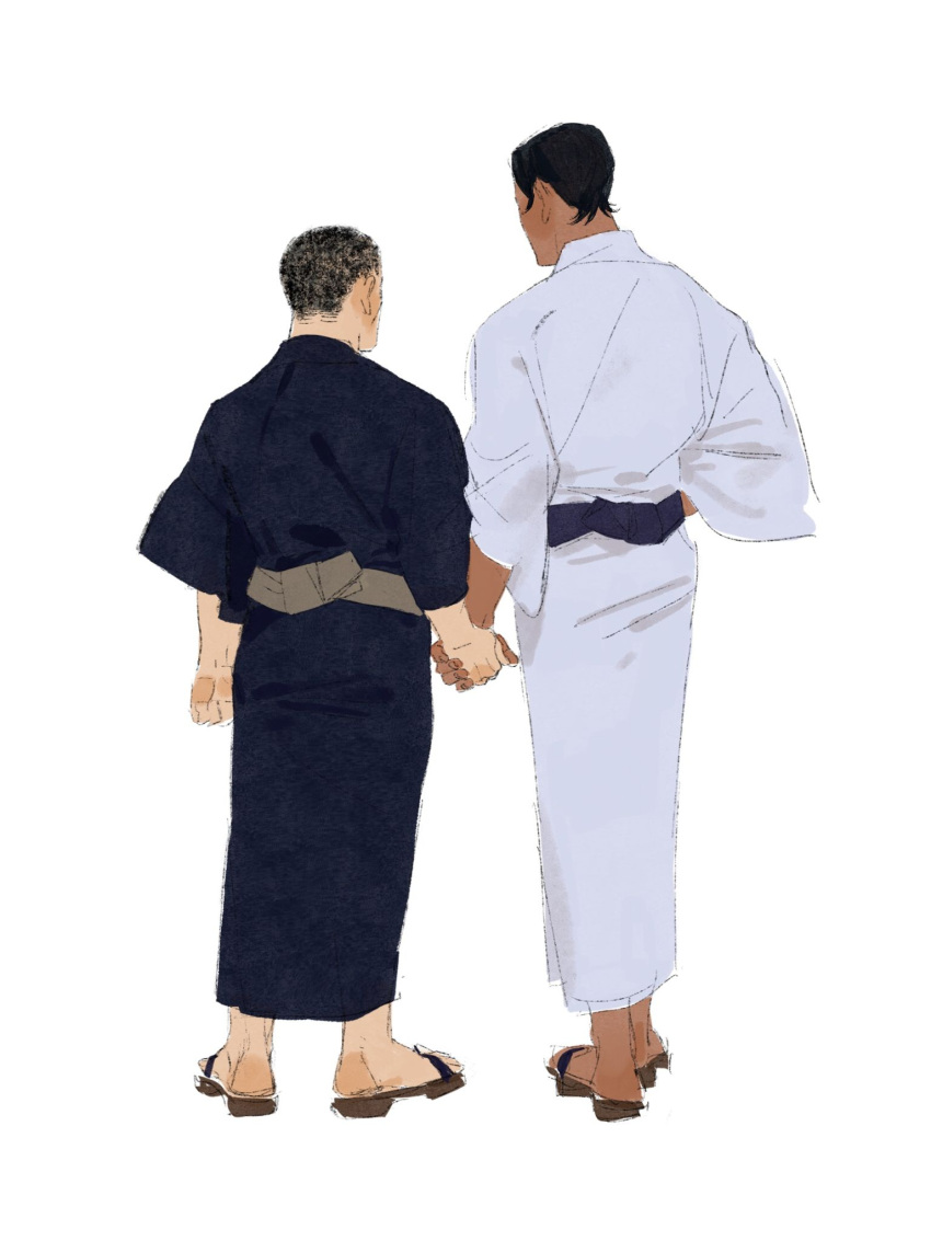 2boys black_hair blue_kimono chengongzi123 couple dark-skinned_male dark_skin facing_away full_body geta golden_kamuy highres holding_hands japanese_clothes kimono koito_otonoshin long_sleeves male_focus multiple_boys obi sash short_hair simple_background standing tsukishima_hajime very_short_hair white_background wide_sleeves yaoi