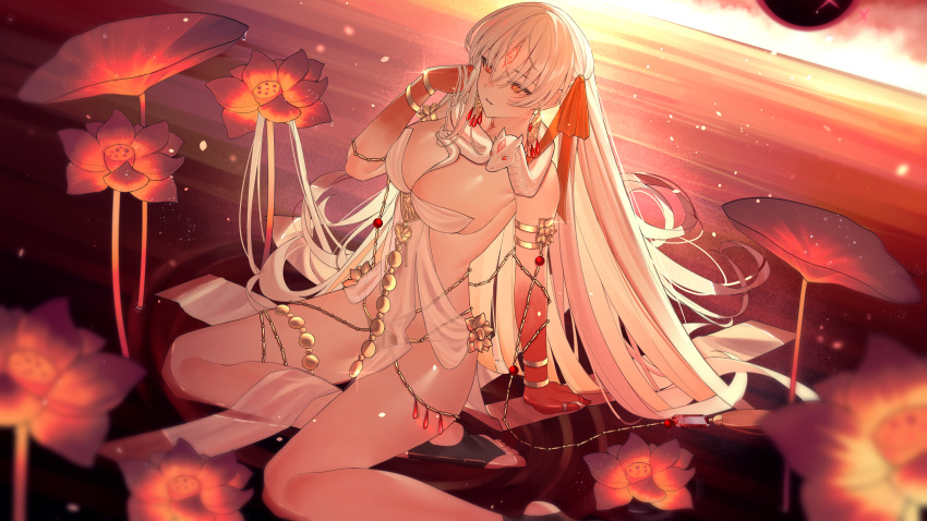 1girl absurdres armlet bare_shoulders belly_chain body_markings bracelet breasts cleavage collarbone colored_skin dress durga_(fate) earrings facial_mark fate/grand_order fate_(series) forehead_mark gradient_skin grey_hair hair_ribbon highres jewelry large_breasts light_(nightty45) long_hair pelvic_curtain red_eyes red_skin revealing_clothes ribbon sitting snake solo thighlet white_dress white_snake