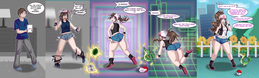 absurd_res alternate_costume big_butt breast_growth breasts brown_hair butt butt_expansion clothed clothing clothing_swap colored dialogue english_text expansion female feral gender_transformation generation_5_pokemon growth hair hair_grab hand_on_butt hi_res hilda_(pokemon) human lime-tg long_hair male mammal medium_breasts mtf_transformation nintendo nintendo_ds nintendo_ds_family not_furry pokemon pokemon_(species) ponytail reality_shift sequence snivy speech_bubble surprised_expression text thick_thighs tight_clothing touching_hair transformation