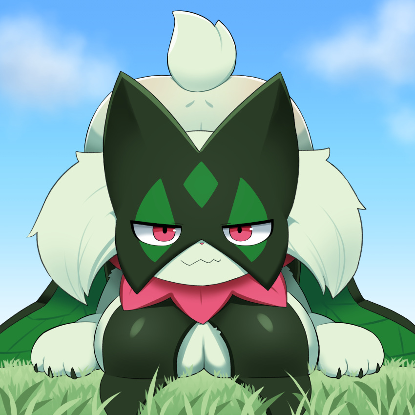 anthro bent_over_with_legs_held_straight breasts covered_breasts domestic_cat felid feline felis female fur generation_9_pokemon green_body green_fur hi_res humanoid mammal mask meowscarada nintendo paws pokemon pokemon_(species) solo sum