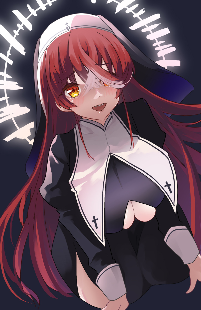 1girl alternate_costume black_dress blush breasts cleavage_cutout clothing_cutout dress glowing_halo habit hair_between_eyes hair_over_one_eye highres hololive houshou_marine large_breasts long_hair looking_at_viewer multicolored_hair nun open_mouth orange_eyes red_hair samyu_nase shiny_skin side_slit skindentation smile solo streaked_hair two-tone_hair upper_body very_long_hair virtual_youtuber white_hair