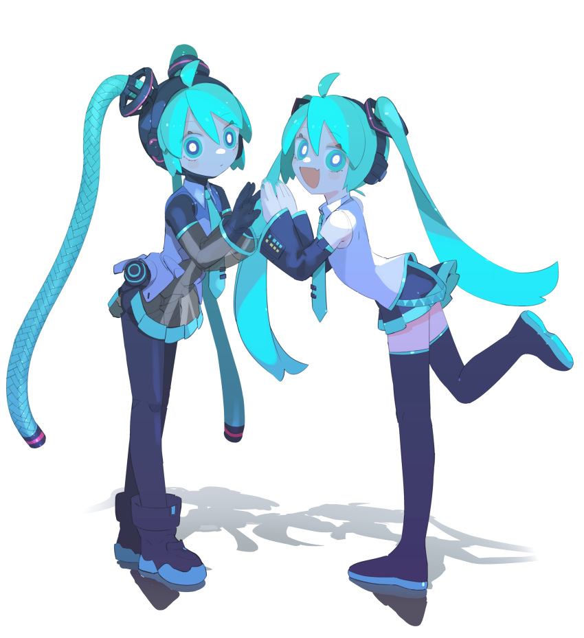 2girls absurdres ahoge alternate_costume android aqua_eyes aqua_hair aqua_necktie bare_shoulders black_sleeves black_thighhighs bright_pupils cable_hair cheri_zao commentary detached_sleeves dual_persona expressionless fang full_body glowing glowing_eyes hatsune_miku highres joints long_hair looking_at_viewer mechanical_parts miku_day miniskirt multiple_girls necktie number_tattoo open_mouth robot_girl robot_joints see-through see-through_skirt see-through_sleeves shirt simple_background skin_fang skirt sleeveless sleeveless_shirt smile standing tattoo thighhighs very_long_hair vocaloid white_background white_pupils