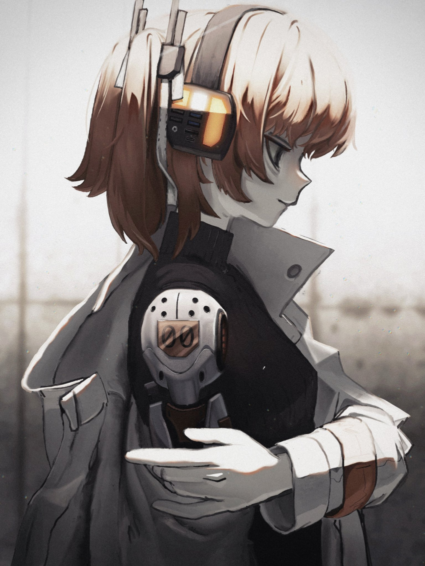 1girl a.i._voice adachi_rei android bags_under_eyes black_eyes black_shirt blurry blurry_background breasts closed_mouth expressionless from_side gloves hair_ribbon headphones highres hijou_botan holding_own_arm hood hood_down hooded_jacket jacket light_particles long_sleeves looking_down mechanical_parts medium_breasts off_shoulder one_side_up orange_hair profile radio_antenna ribbon shirt short_hair single_bare_shoulder sleeveless sleeveless_shirt solo turtleneck_shirt upper_body utau white_gloves white_jacket white_ribbon