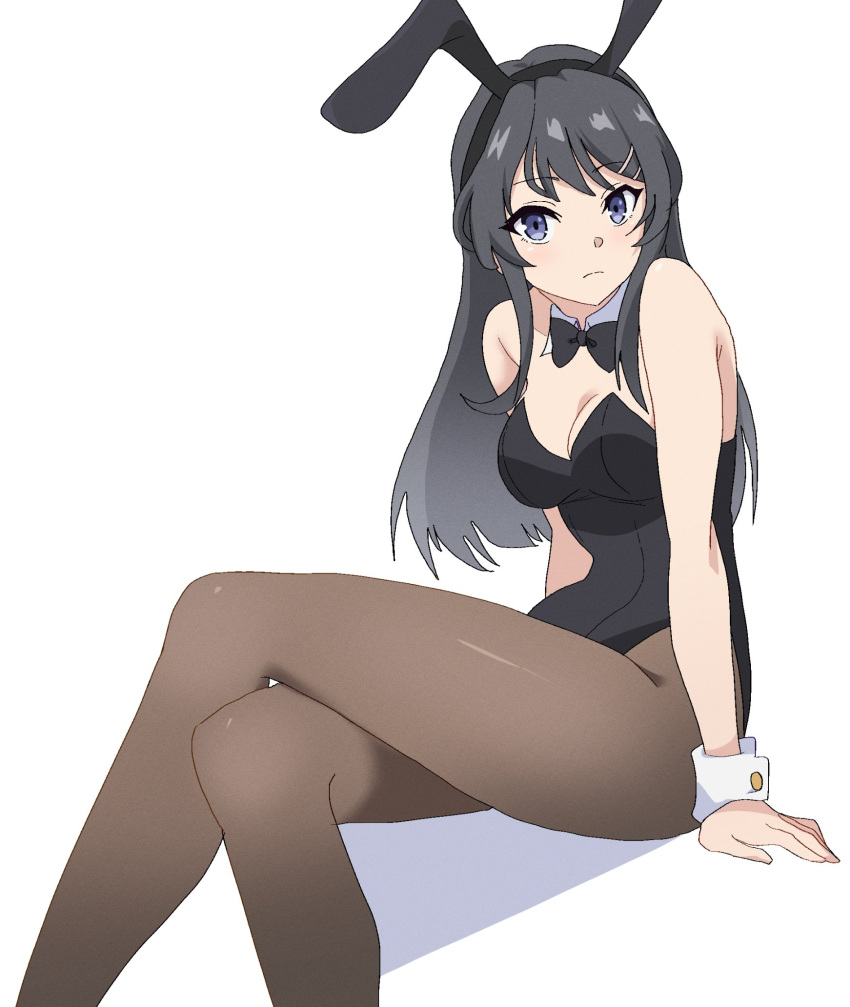 1girl animal_ears black_bow black_bowtie black_hair black_leotard black_pantyhose bow bowtie derivative_work detached_collar fake_animal_ears feet_out_of_frame hair_ornament hairclip highres leotard long_hair momomatang pantyhose playboy_bunny rabbit_ears sakurajima_mai seishun_buta_yarou simple_background sitting solo strapless strapless_leotard white_background wrist_cuffs