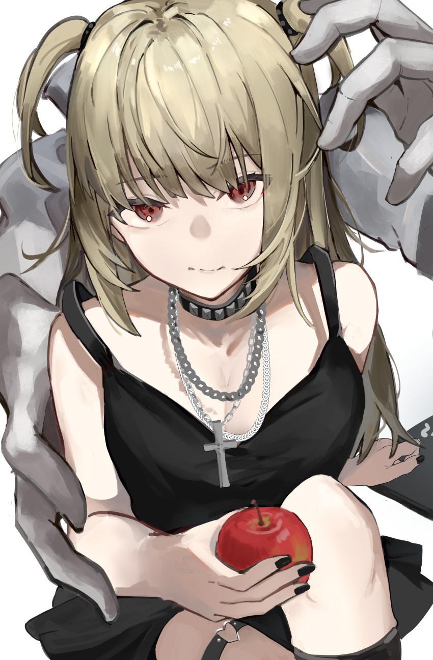 2girls absurdres amane_misa apple black_choker black_dress black_nails chain_necklace choker closed_mouth cross cross_necklace death_note death_note_(object) dress food fruit goth_fashion gothic_lolita highres holding holding_food holding_fruit i_hinoe jewelry lolita_fashion long_hair looking_at_viewer multiple_girls nail_polish necklace red_apple red_eyes rem_(death_note) shinigami sitting solo_focus twintails