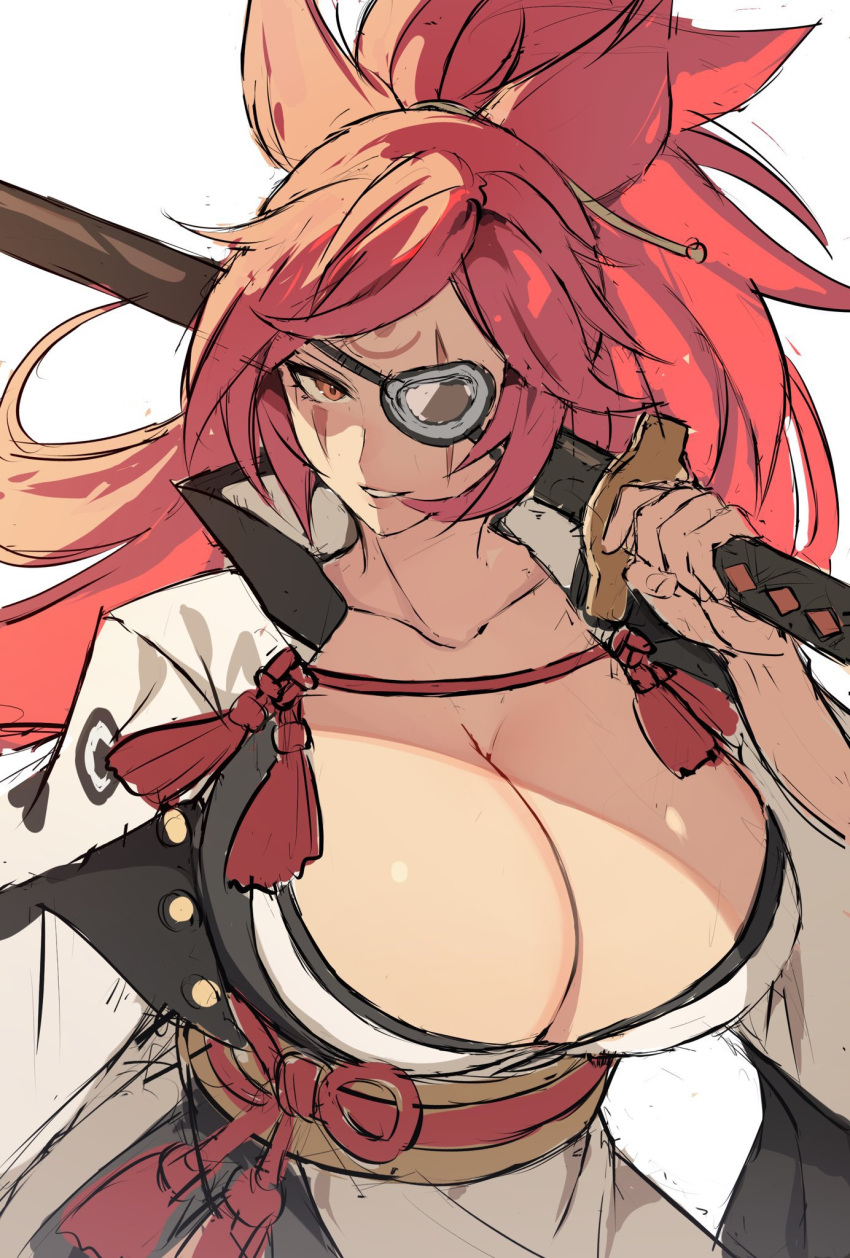 1girl baiken breasts cleavage eyepatch facial_tattoo guilty_gear guilty_gear_strive hifumi_chiyoko highres huge_breasts japanese_clothes kataginu katana kimono long_hair multicolored_clothes multicolored_kimono one-eyed open_clothes open_kimono pink_hair ponytail red_eyes samurai scar scar_across_eye scar_on_face solo sword tattoo weapon