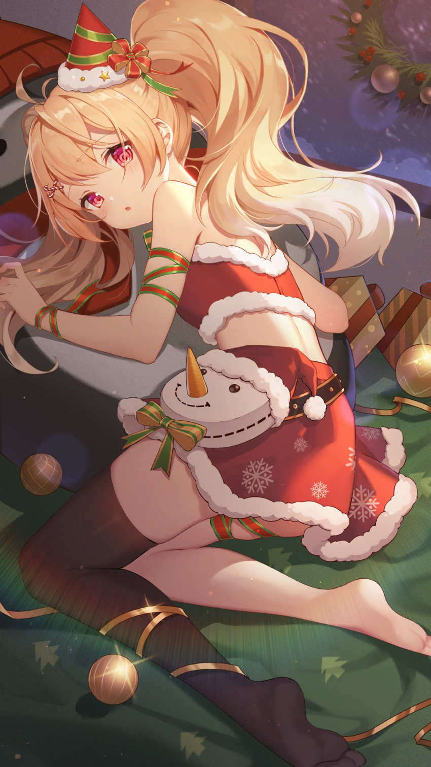 1girl antenna_hair artist_request bag bandeau bare_shoulders barefoot bauble black_legwear blonde_hair carol_(girl_cafe_gun) christmas fang feet fur_trim girl_cafe_gun handbag hat highres long_hair looking_at_viewer looking_back lying midriff mini_hat miniskirt no_shoes official_art on_side parted_lips red_eyes red_headwear red_skirt santa_hat single_thighhigh skin_fang skirt soles solo strapless thighhighs thighs tubetop twintails