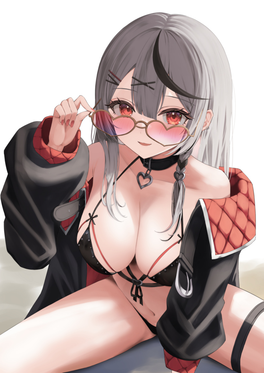 1girl absurdres adjusting_eyewear ara1e bare_shoulders bikini black_hair blush braid breasts choker cleavage earrings grey_hair hair_ornament hairclip heart heart-shaped_eyewear heart_choker highres hololive jacket jewelry large_breasts looking_at_viewer multicolored_hair nail_polish off_shoulder open_mouth red_eyes sakamata_chloe single_braid sitting smile solo streaked_hair sunglasses swimsuit virtual_youtuber