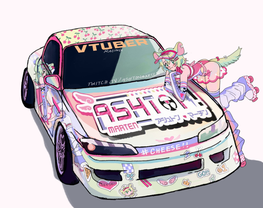 1girl ashton_marten_(vtuber) blush car character_name cherry_print chinchilla_ears chinchilla_girl chinchilla_tail corduroy_(cordrawroy) elbow_gloves food_print gloves green_eyes hair_between_eyes hand_on_own_chin heart highres indie_virtual_youtuber leotard looking_at_viewer motor_vehicle nissan nissan_s15_silvia nissan_silvia pink_leotard pink_skirt purple_footwear race_queen roller_skates see-through see-through_skirt skates skirt smile solo sticker vehicle_focus virtual_youtuber visor_cap web_address white_background