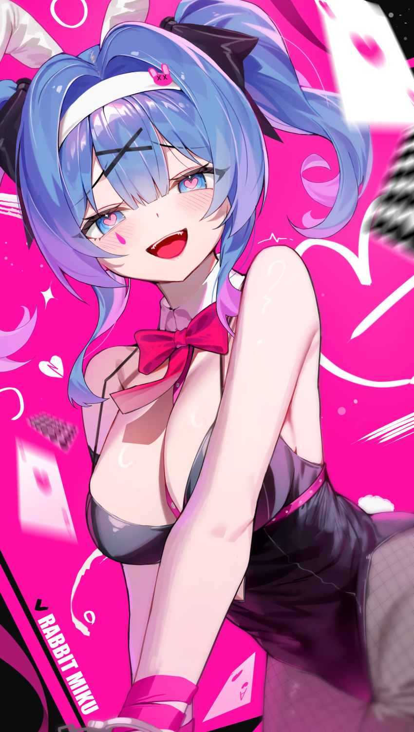 1girl :d absurdres animal_ears bare_shoulders black_bow black_leotard black_pantyhose blue_eyes blue_hair blurry blush bow bowtie breasts cleavage cowboy_shot depth_of_field detached_collar dutch_angle fake_animal_ears fake_tail fishnet_pantyhose fishnets hair_bow hair_intakes hair_ornament hairband hatsune_miku heart heart-shaped_pupils highleg highleg_leotard highres large_breasts leaning_forward leotard looking_at_viewer open_mouth own_hands_together pantyhose playboy_bunny rabbit_ears rabbit_hole_(vocaloid) rabbit_tail red_bow red_bowtie short_hair short_twintails smile solo sugar_(dndi888) symbol-shaped_pupils tail teardrop_facial_mark teeth twintails upper_teeth_only vocaloid white_hairband x_hair_ornament