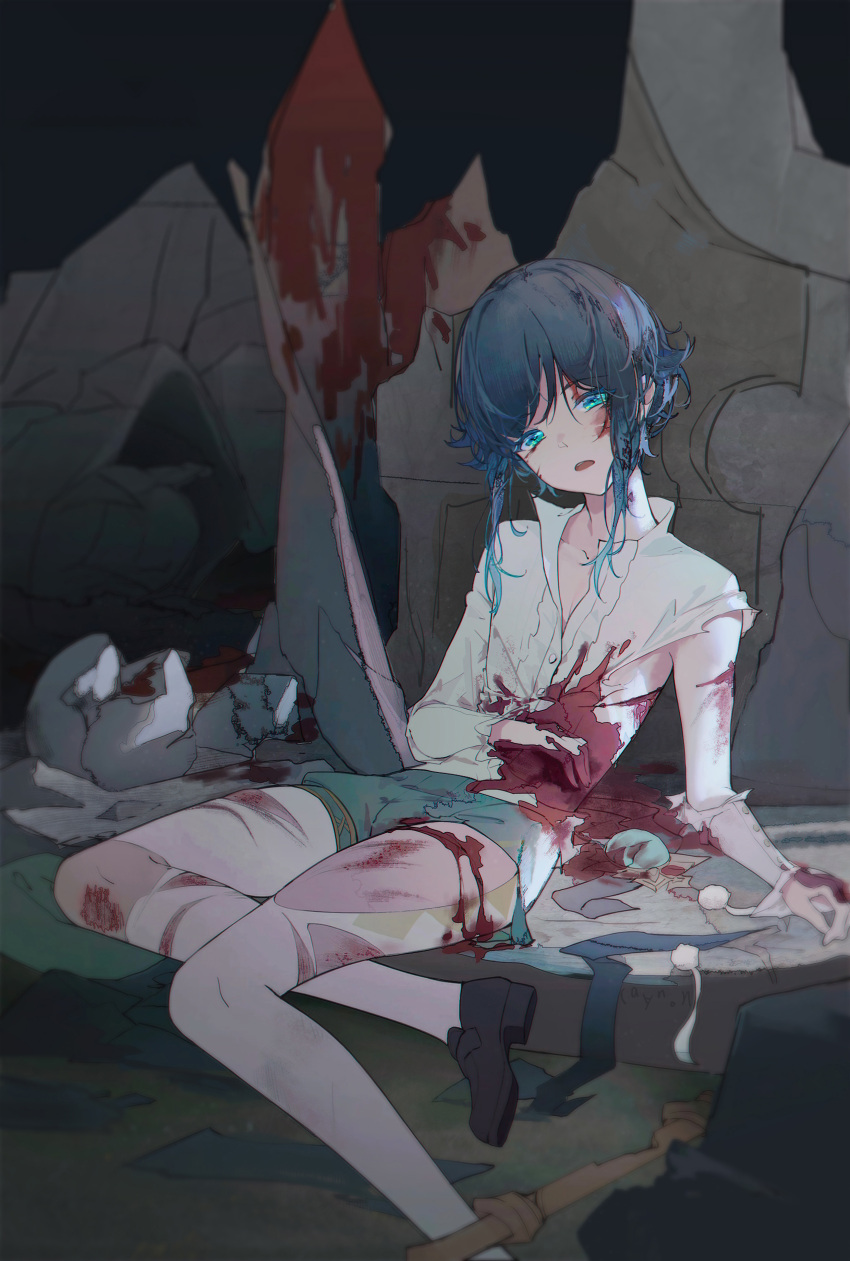 1boy absurdres androgynous ayanon_ite bangs black_hair blood blood_on_clothes blood_on_face blood_on_hands blood_splatter blood_stain blue_hair braid collarbone collared_shirt commentary_request cuts eyebrows_visible_through_hair feathers frilled_sleeves frills genshin_impact gradient_hair green_eyes green_shorts highres injury long_sleeves looking_at_viewer multicolored_hair open_mouth pantyhose shirt short_hair_with_long_locks shorts sidelocks sitting solo torn_clothes torn_legwear torn_shirt venti_(genshin_impact) vision_(genshin_impact) white_legwear white_shirt