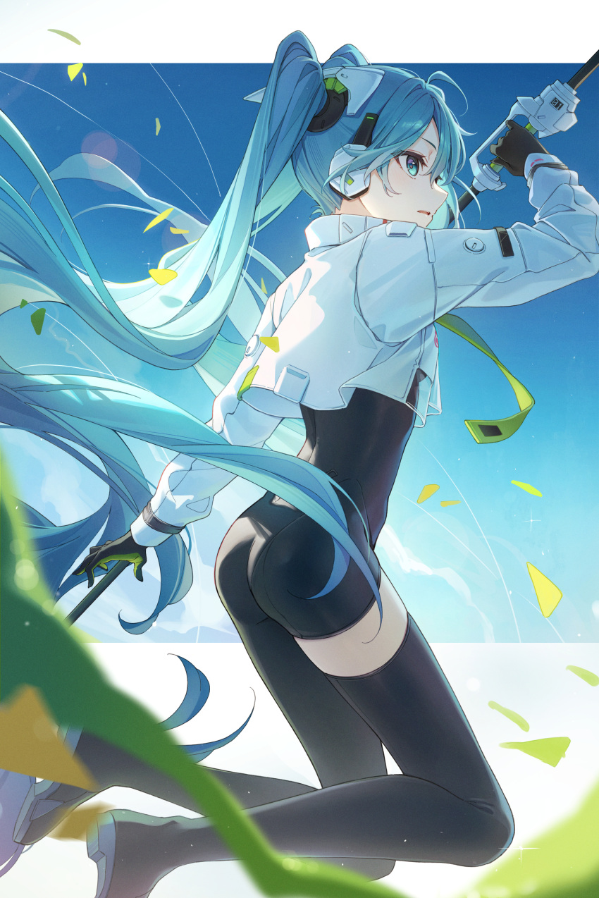 1girl absurdres ass asymmetrical_bodysuit black_bodysuit black_gloves blue_eyes blue_hair bodysuit boots commentary cropped_jacket dangmyo flagpole from_side full_body gloves goodsmile_racing green_flag green_gloves hatsune_miku highres holding holding_pole jacket long_hair long_sleeves open_mouth pole racing_miku racing_miku_(2022) single_leg_bodysuit single_thigh_boot solo thigh_boots twintails two-tone_gloves very_long_hair vocaloid white_jacket