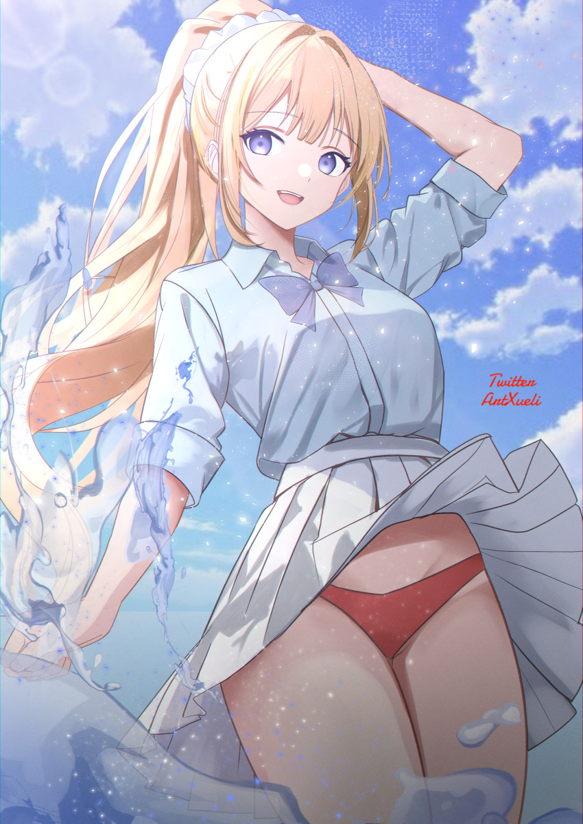 1girl absurdres arm_behind_head arm_up blonde_hair blue_bow blue_bowtie blue_eyes blue_sky bow bowtie clothes_lift cloud cloudy_sky collared_shirt commentary hair_ornament highres karuizawa_kei long_hair looking_at_viewer midriff_peek open_mouth outdoors panties pantyshot ponytail red_panties shirt skirt skirt_lift sky sleeves_rolled_up smile solo underwear wading water water_drop white_shirt white_skirt xueli_shimazaki youkoso_jitsuryoku_shijou_shugi_no_kyoushitsu_e